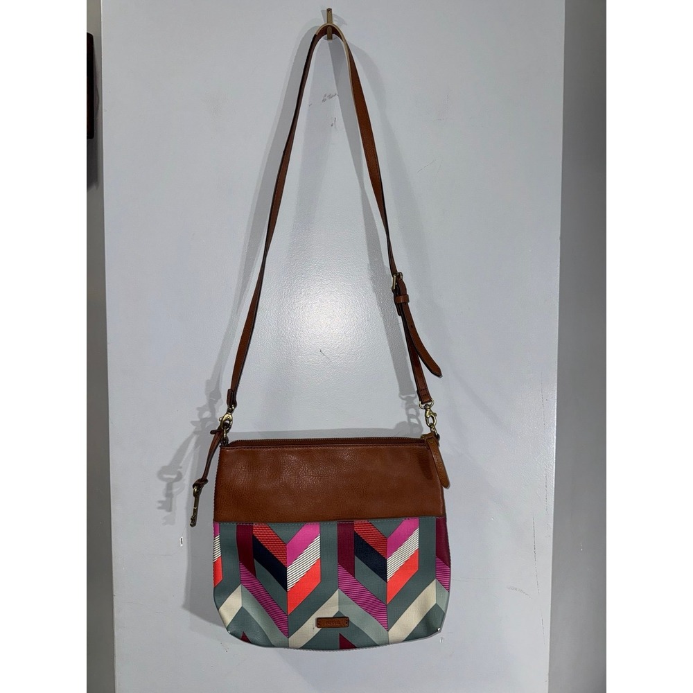 Fossil Fiona leather canvas geometric print bag. Medium large for crossbody